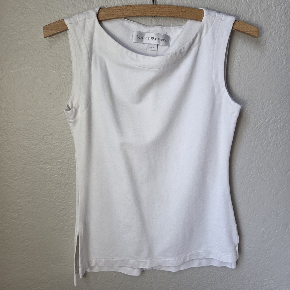 Lesley Evers White Classic Tank Top Womens Side Slits Designer Tiny XS